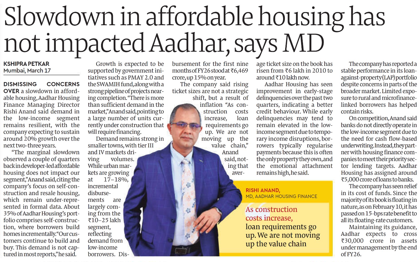 Slowdown in affordable housing has not impacted Aadhar, says MD 