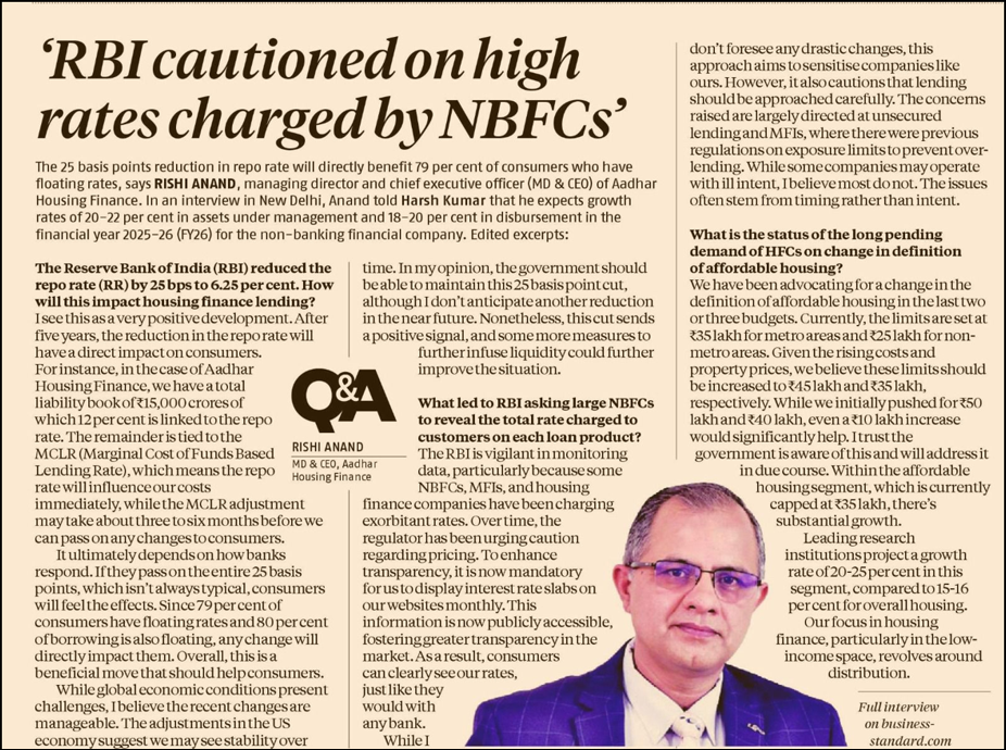Regulator has been urging caution on NBFC pricing: Aadhar HF MD & CEO 