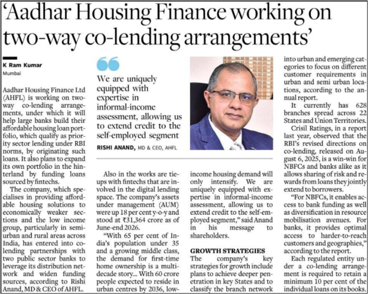 Aadhar Housing Finance working on two-way co-lending arrangements.
