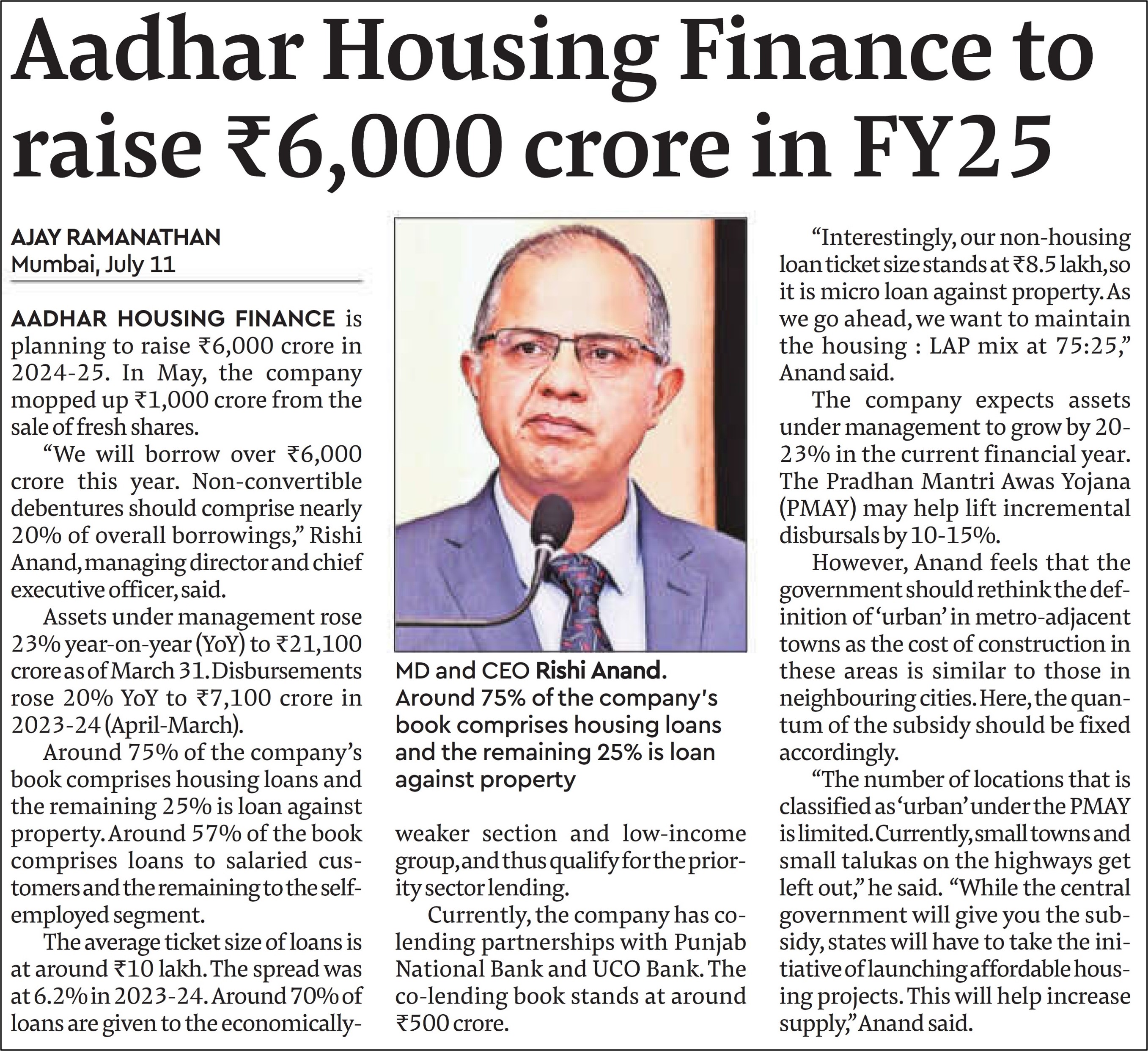 Aadhar Housing Finance to raise Rs.6,000 crore in FY25 